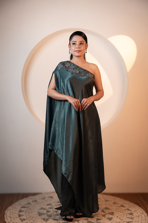 Emerald Whisper One-Shoulder Coord set